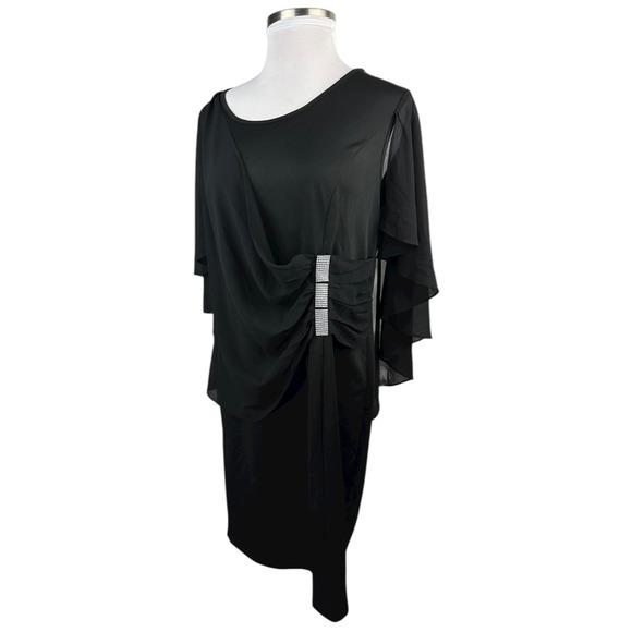 Hanna Nikole Black Chiffon Dress Rhinestone Drape Cape Overlay Formal Size 18w - Picture 2 of 14